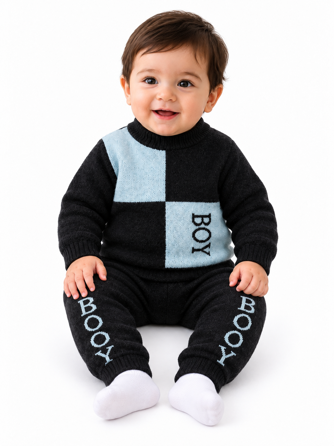 Classic Check Boy Knitted Winter Co-ord Set – Black Classic Check Boy Knitted Winter Co-ord Set – Black
