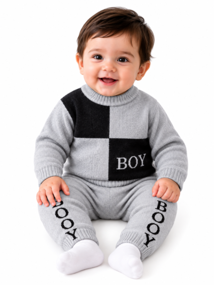 Classic Check Boy Knitted Winter Co-ord Set – Grey