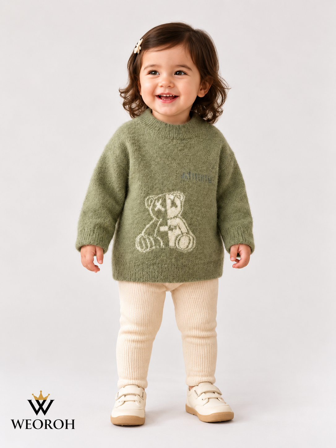 Smiling Toddler in Sage Knitwear